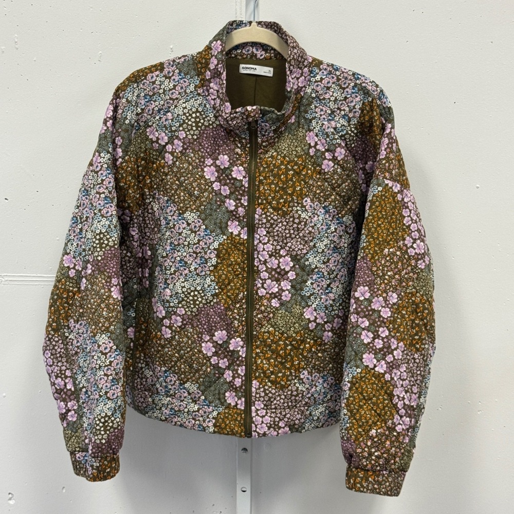 Sonoma Goods For Life Womens XL Floral Quilted Puffer Bomber Jacket Full Zip - Picture 2 of 11